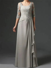 Ingvn - Sheath Mother of the Bride Dress Elegant Square Neck Floor Length Chiffon Lace Half Sleeve with Ruching Wedding Guest Dresses
