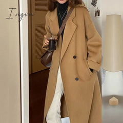 Ingvn - Elegant Women Double Breasted Loose Woolen Coat Lapel Collar Long Sleeve Casual Solid Women's Casual Oversize Coat Autumn Winter