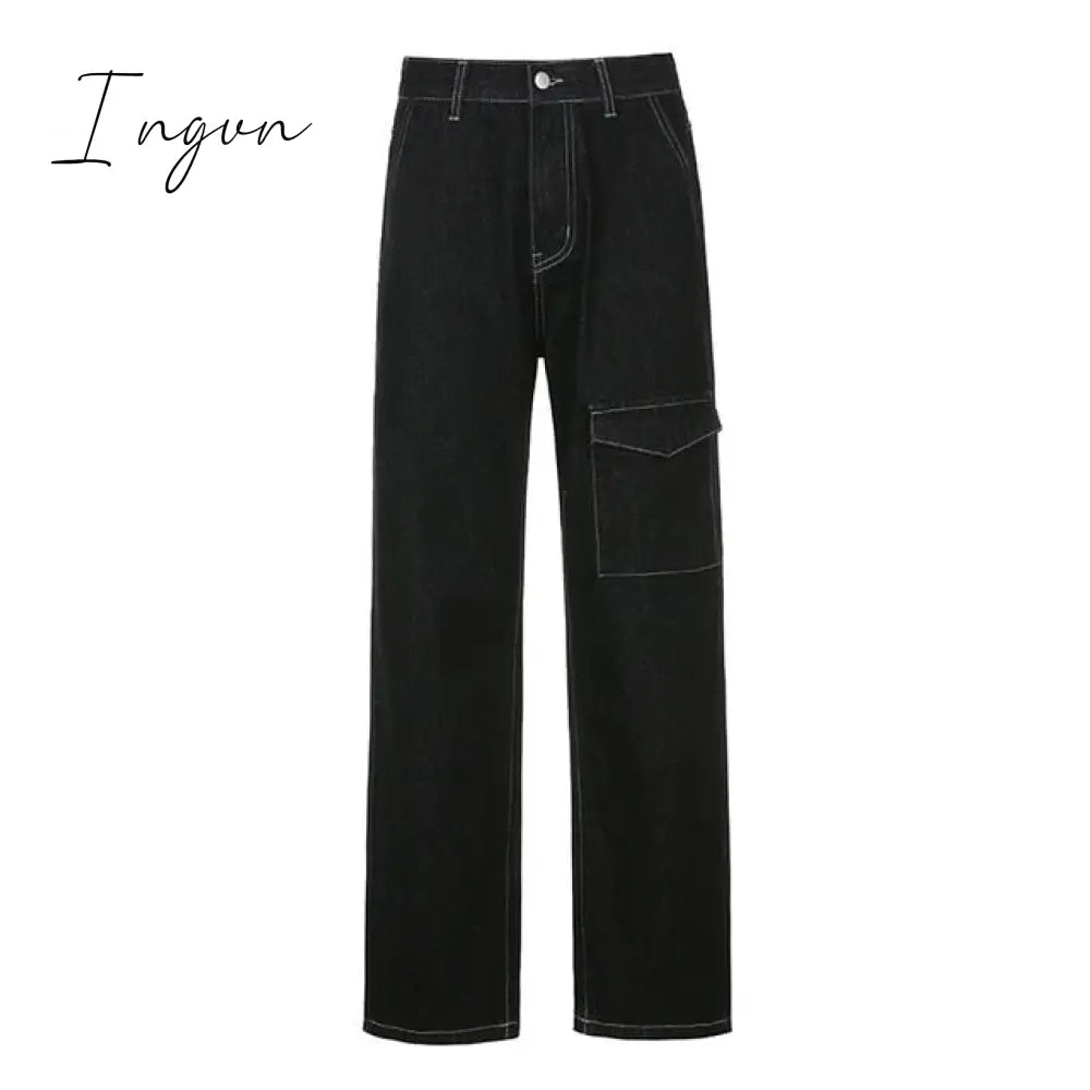 Ingvn - Weekeep Pockets Patchwork Baggy Jeans Fashion Streetwear 100% Cotton Women Denim Trouser Loose Cargo Pants Korean Jeans Harajuku