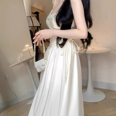 Elegant Evening Party Dresses for Women White Long Sleeveless Bodycone Dress Korean Midi Vintage Sweet Dress Chic