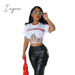 Ingvn - Letter Printed Women Crop Top Short Sleeve Hollow Out Chain Casul T Shirt 2023 Summer High Street Tops Sexy Night Club Party Tee
