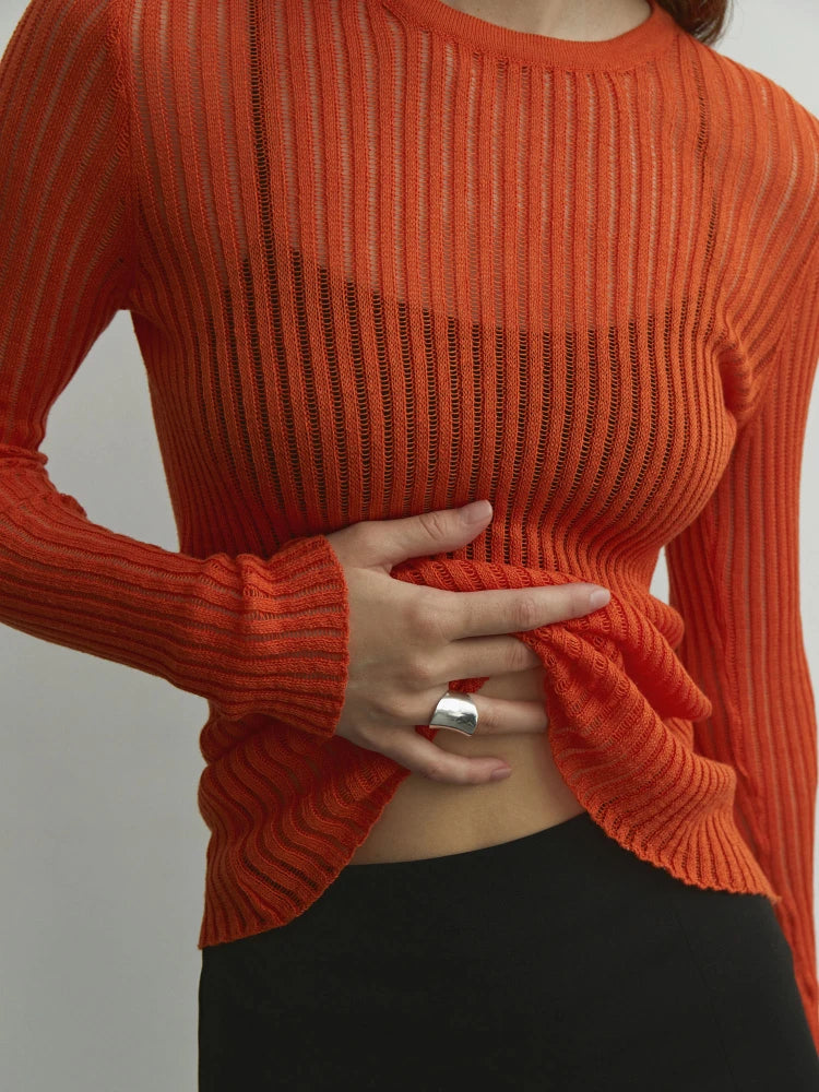 Ingvn  Fashion White Elegant Striped See Through Women Tops Outfits Long Sleeve T-Shirts Tees Skinny Club Party Clothes