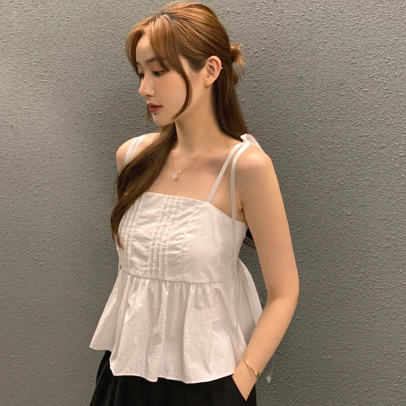 Y2k Clothes South Korea Chic Tanks Summer French Sweet One-line Shoulder Tops Chest Design Tie Bow Slimming Waistcoat