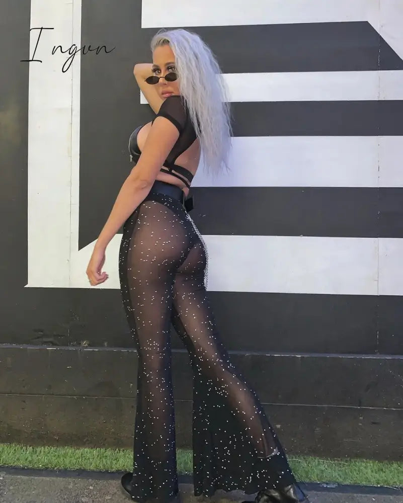 Ingvn - Glitter Black Mesh Sexy Flare Pants Streetwear Rave Bottoms See Through Beach Bell Bottom Pants Summer 2023