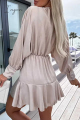 Ingvn - Sweet Elegant Solid Flounce V Neck A Line Dresses