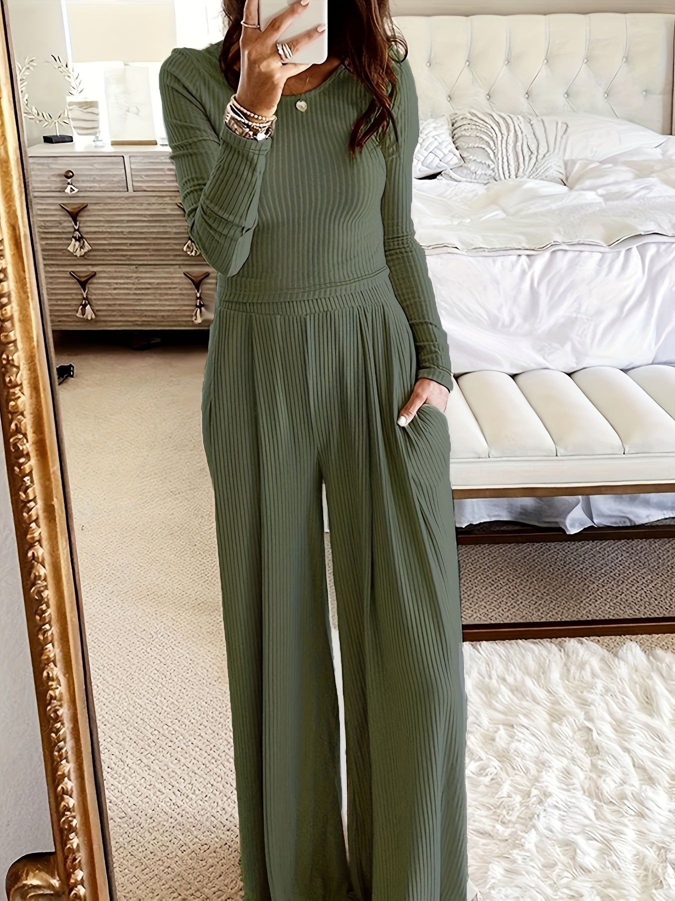 Chic Solid Two-Piece Set - Soft Knit Crew Neck Top & High Waist Wide Leg Pants - Comfortable Casual Outfit for Women