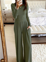 Chic Solid Two-Piece Set - Soft Knit Crew Neck Top & High Waist Wide Leg Pants - Comfortable Casual Outfit for Women