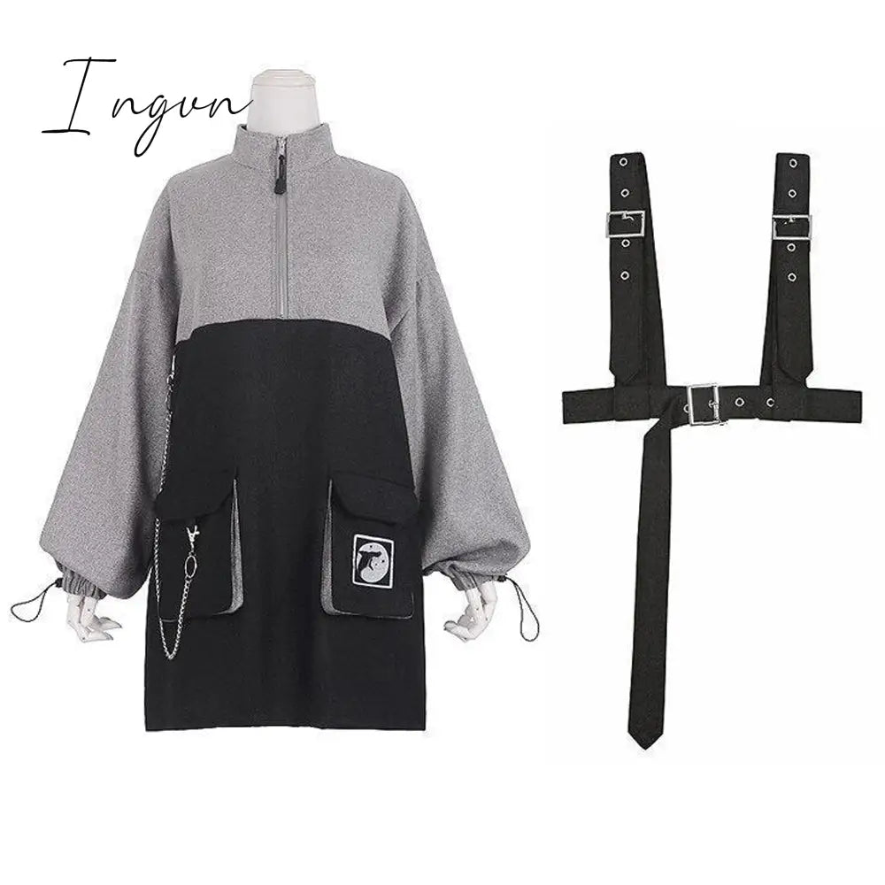 Ingvn - Retro Vintage Women Gothic Girls Punk Mini Dress High Waist Long Sleeve Hat Collar Sexy Gry Black Lolita Plus Size Jurken