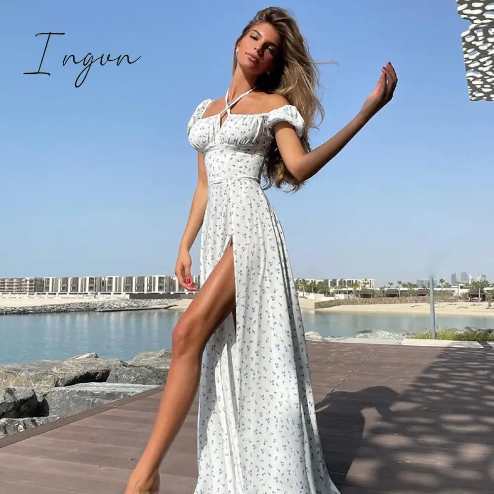 Ingvn - Floral Print Dress Sweet Square Neck Puff Sleeve Side Spilt Drawstring Maxi Dresses for Women Party Chic Casual Outfits