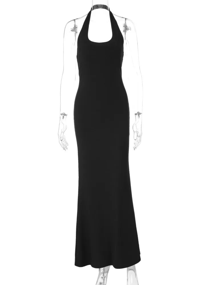 Halter Backless Sexy Maxi Dress Women Gown Summer New Solid U Neck Sleeveless High Waist Long Dress Elegant