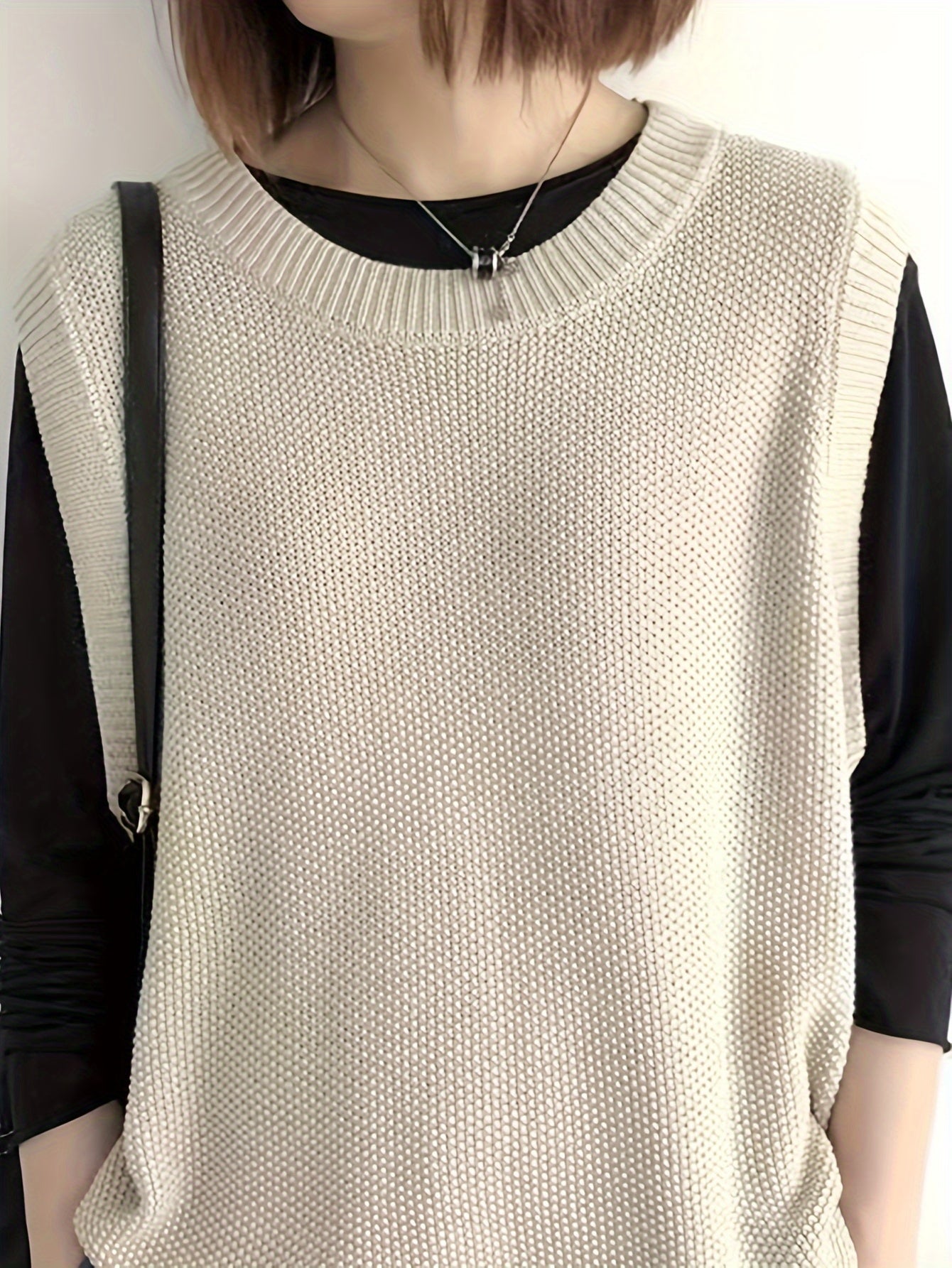 Solid Crew Neck Knitted Vest, Casual Sleeveless Loose Sweater, Women's Clothing