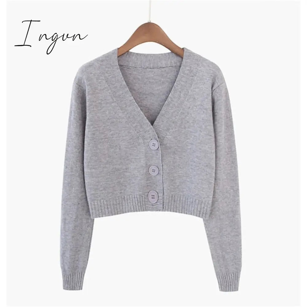 Ingvn - Spring Newly Green Cropped Cardigans Women Loose Ladies Short Knitted Sweaters Long Sleeve V neck Solid Chic Streetwear
