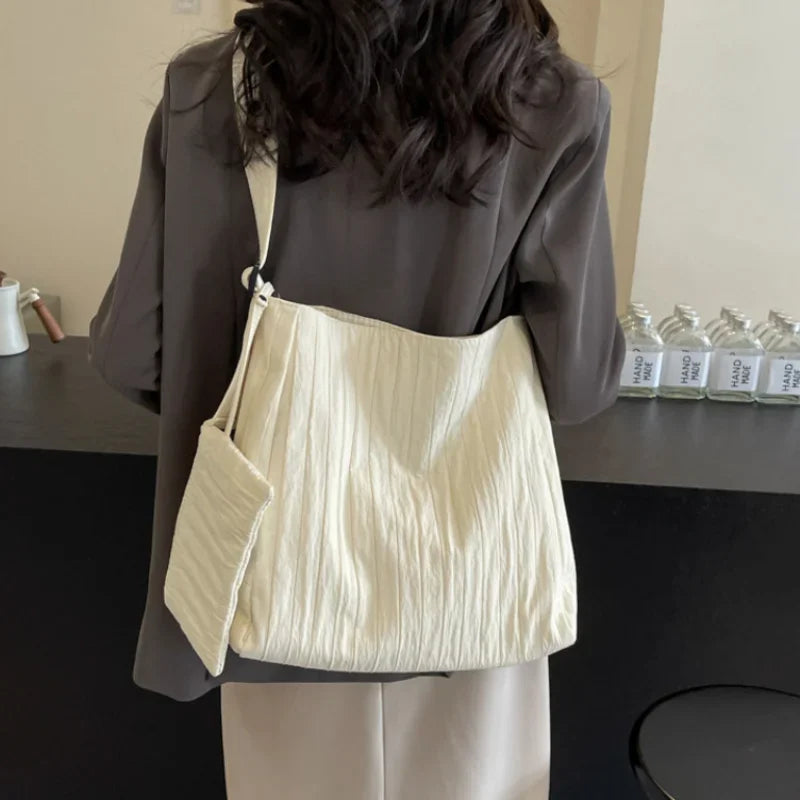 Ingvn  Low-Key Pure White Women Ruched Shoulder Bag Exquisited Nylon Pretty Versatile Crossbody Leisure Commuter Composite Bag