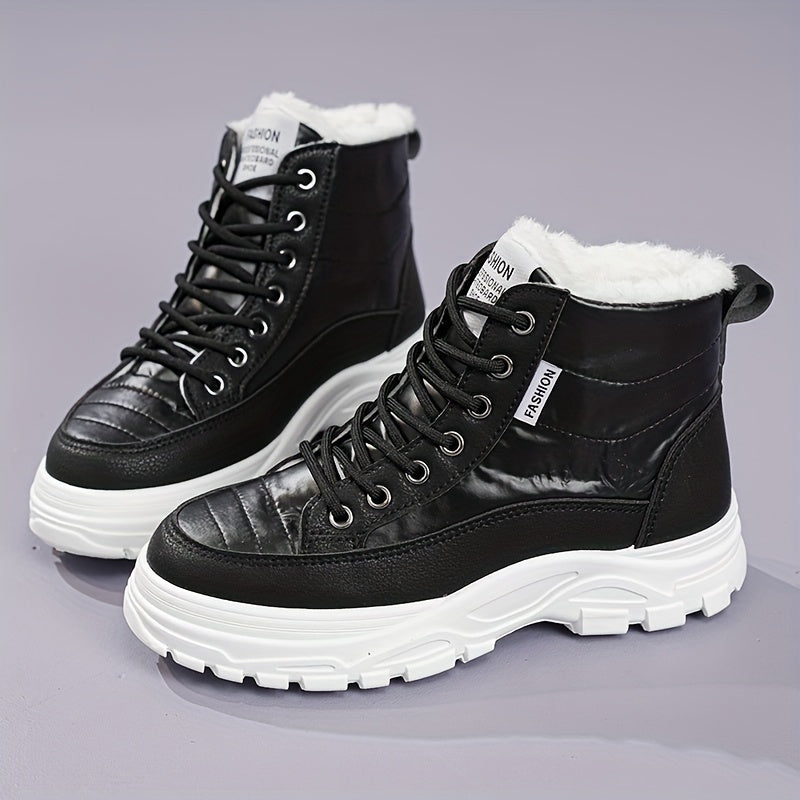 Women'S Winter Thickened Snow Boots High Top Platform Ankle Boots with Warm Fleece Lining, Solid Color, Round Toe, Low Heel, Fabric Insole, Polyurethane PU, Rubber Sole, Hand Washable