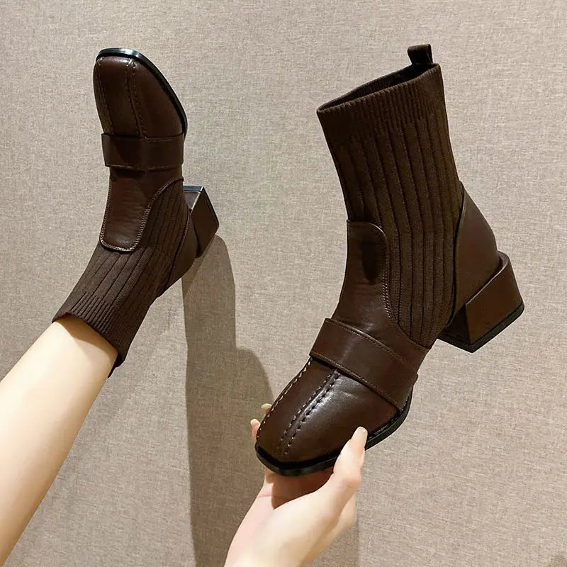 Ingvn  Female Ankle Boots Sock Short Shoes For Women Elastic Booties Brown Footwear Comfortable And Elegant On Offer Korean Style Pu