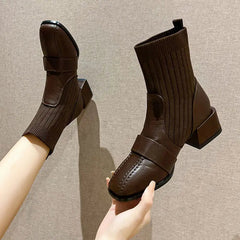 Ingvn  Female Ankle Boots Sock Short Shoes For Women Elastic Booties Brown Footwear Comfortable And Elegant On Offer Korean Style Pu