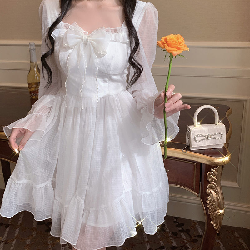 French Sweet Fairy Lolita Dress Women Long Sleeve Lace Y2k Mini Dress Vintage Kawaii Clothes One Piece Dress Korean Autumn spring