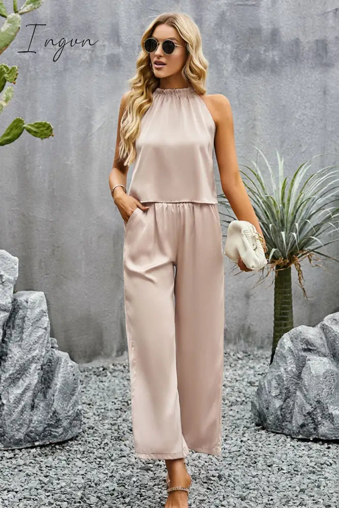 Ingvn - Grecian Neck Sleeveless Pocketed Top and Pants Set