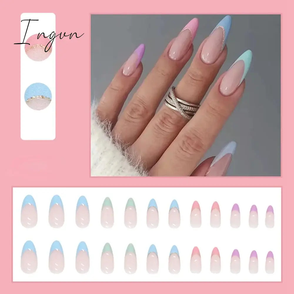 Simple French Wearable False Nails Almond Colorful Stripes Colorblock Design Manicure Fake Nails Line Full Cover Press On Nail