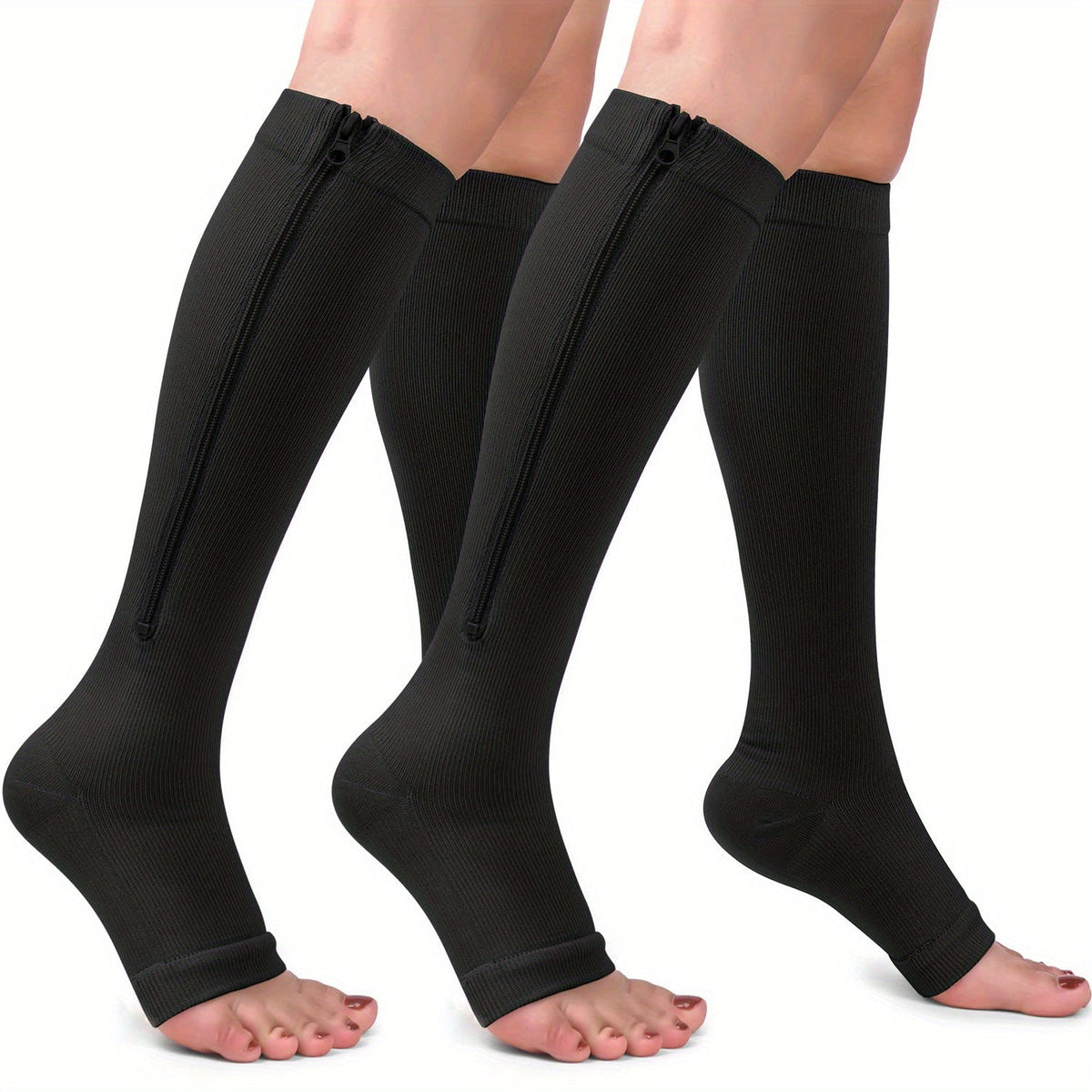 2 Pairs Compression Socks For Running, And Athletics - Open Toe, Zipper Closure, Thermal