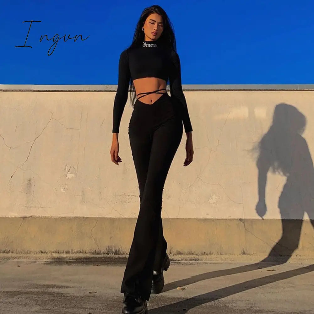 Ingvn - Fashion Trends Cyber Y2k Flare Pants E Girl Style Sexy Strechy Trousers Women Lace Up V Waist Low Rise Harajuku Black Pants C85-BB22