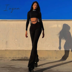 Ingvn - Fashion Trends Cyber Y2k Flare Pants E Girl Style Sexy Strechy Trousers Women Lace Up V Waist Low Rise Harajuku Black Pants C85-BB22