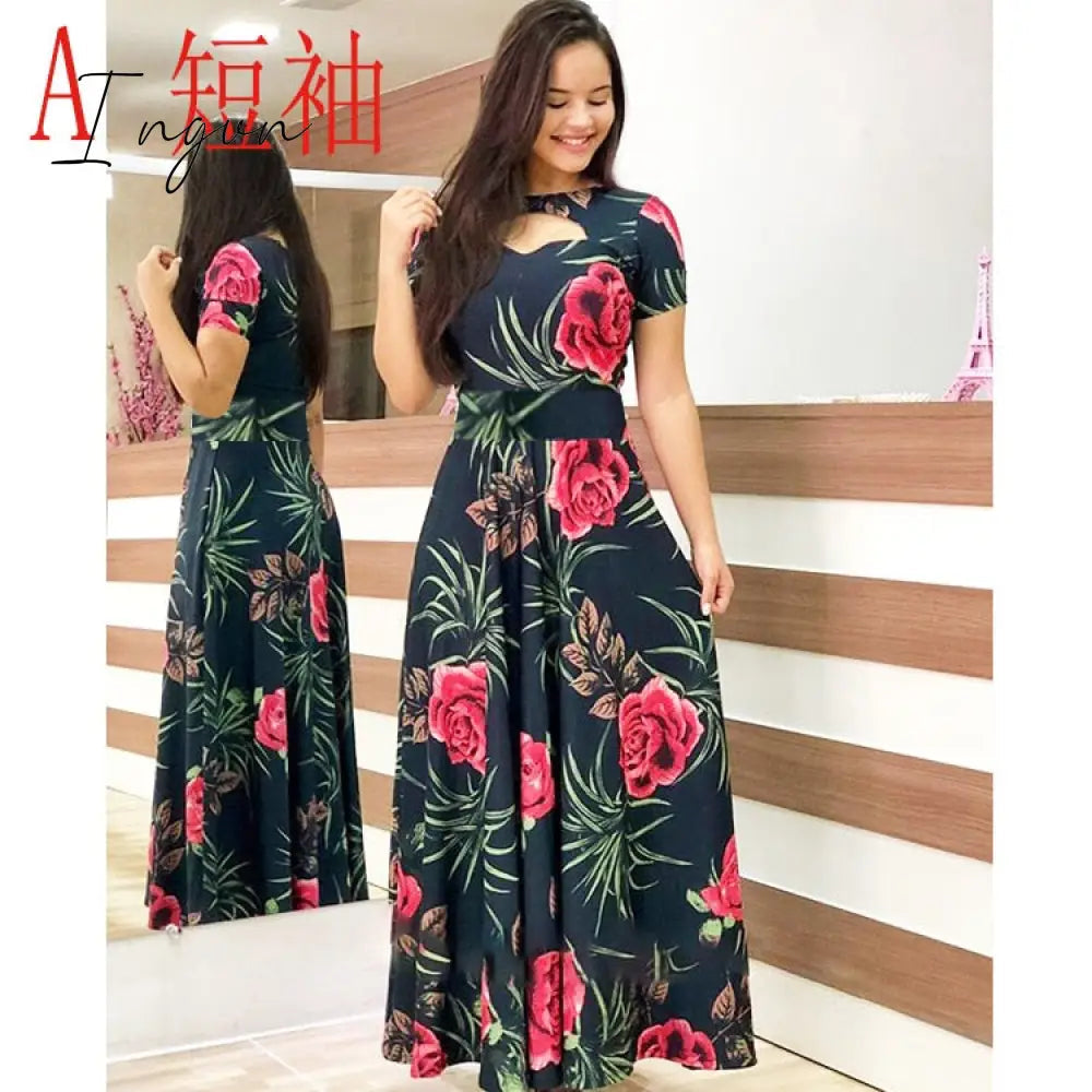 Ingvn - S- 5XL Plus Size Elegant Oversized Tunic Women Dress Bohmia Flower Print Maxi Dresses Fashion Hollow Out Long Vestidos