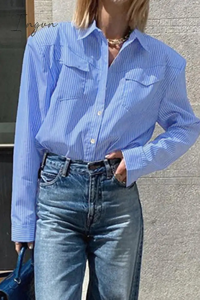 Ingvn - Casual Striped Patchwork Turndown Collar Tops