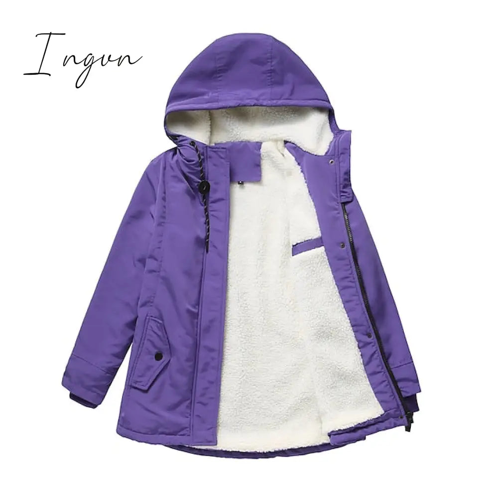 Ingvn - Women's Parka Street Fall Winter Long Coat Windproof Warm 3 in 1 Loose Casual Sports Jacket Long Sleeve Solid Color Zipper Purple Blushing Pink  Waterpoof  Daily Wear Down  Parkas  Lined
