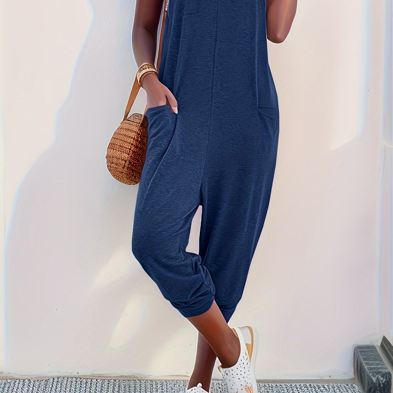 Solid Patched Pockets Overall Jumpsuit, Versatile V-neck Overall Jumpsuit For Spring & Summer, Women's Clothing