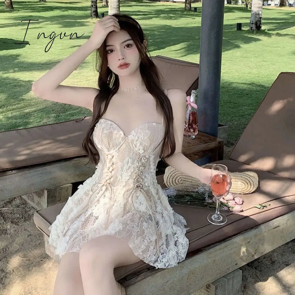 Ingvn - Backless Dress Women Lace Sexy Short Embroidery Mini Y2k Push Up Dress with Flowers Korean Dress Summer Gothic Party