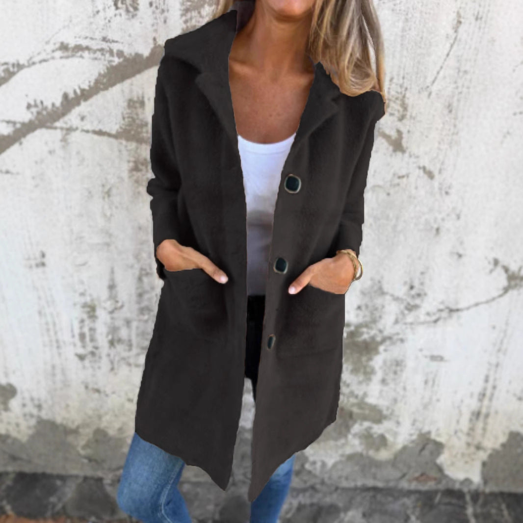 Autumn and winter single-breasted solid color lapel pocket double-sided cashmere mid-length coat for women