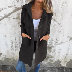 Autumn and winter single-breasted solid color lapel pocket double-sided cashmere mid-length coat for women