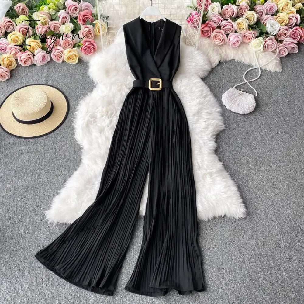 Ingvn - Vintage Notched Collar Draped Rompers For Women Casual Sleeveless High Waist Wide Leg Playsuits Female Beige/Green Jumpsuit
