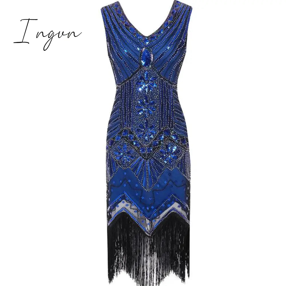 Ingvn - 1920s Vintage Flapper Great Gatsby Party Dress V-Neck Sleeveless Sequin Beaded style Style Tassel Flapper Vestidos Feminina 1920
