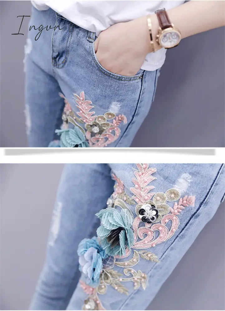 Ingvn - One-Piece/Set Summer New Women Denim Pants Beaded Embroidery Short-Sleeved + Small Feet Hole Jeans Female Two-Piece Suit425