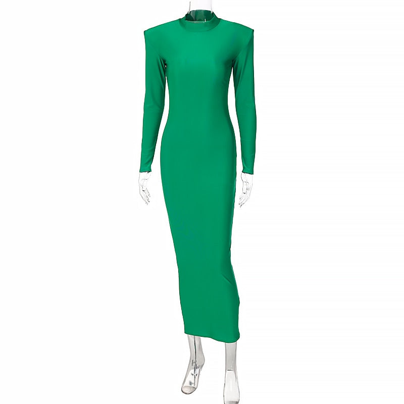 Solid Long Sleeve With Shoulder Pads Turtleneck Maxi Dress New Year Women Fashion Streetwear Elegant Skinny
