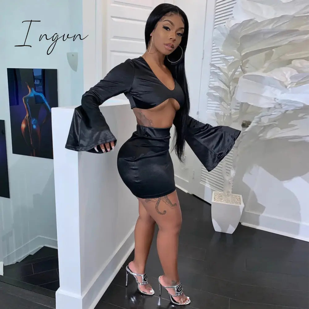 Ingvn - Satin Flare Long Sleeve 2 Two Piece Matching Set Women Crop Top Skirt Autumn Winter Birthday Fashion Sexy Clothes