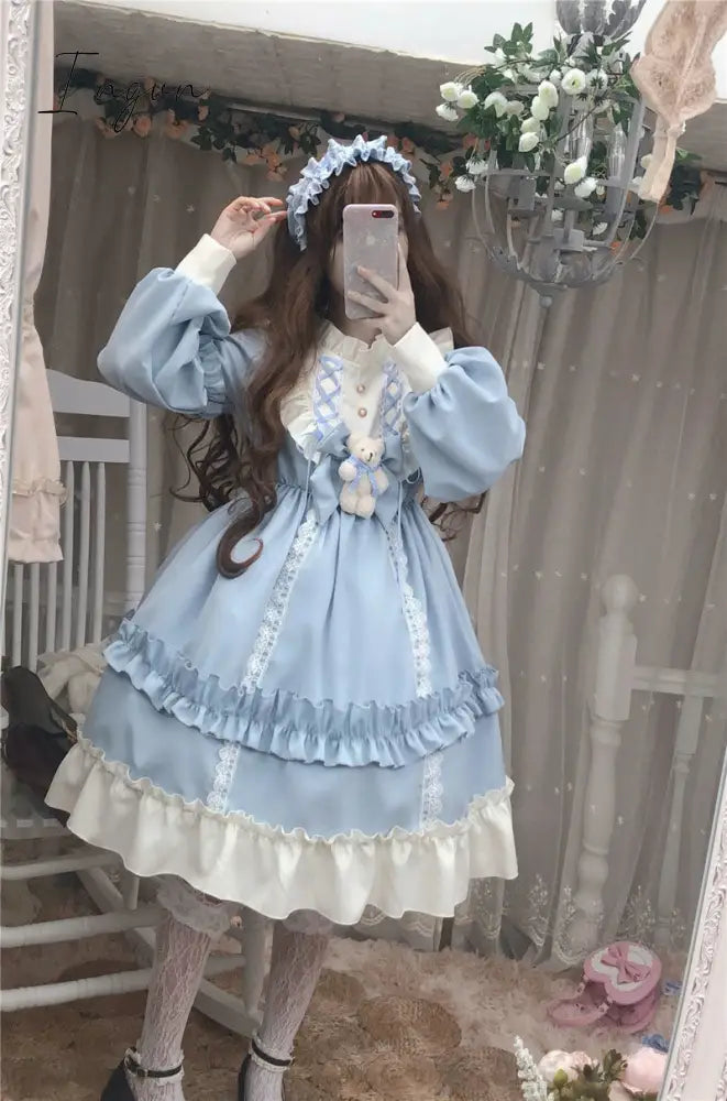 Ingvn - Japanese Gothic Lolita Dress Women Kawaii Bow Bear Lace Blue Dress Long Sleeve Princess Dress Halloween Costume Gift For Girls
