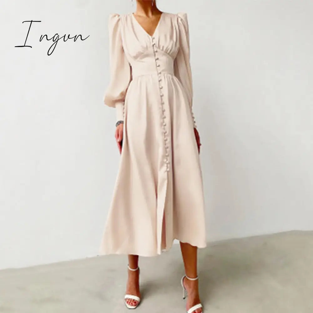 Ingvn - Elegant spring satin bishop sleeve a-line dress women V-neck high waist button dress solid Vintage long dresses chic