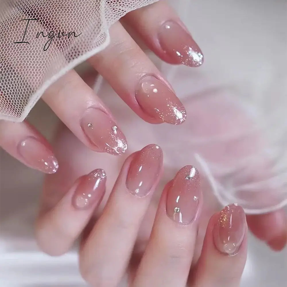 24Pcs Mid-length French Fake Nail with Silver Edge Design Round Head Almond False Nail Wearable Simple Finished Press on Nails