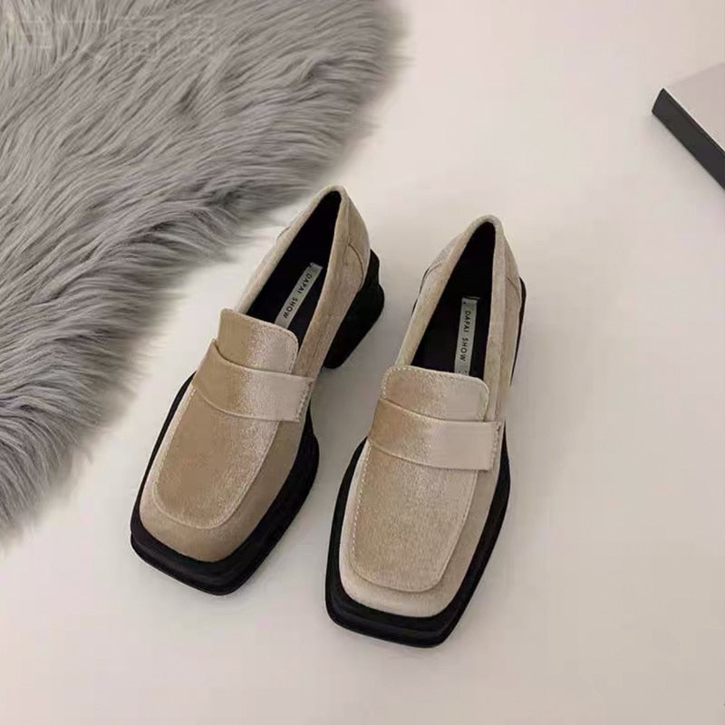 Women Luxury Velvet Loafers Fashion Square Toe Platform Moccasins Ladies Brand Design Evening Party Heel Shoes