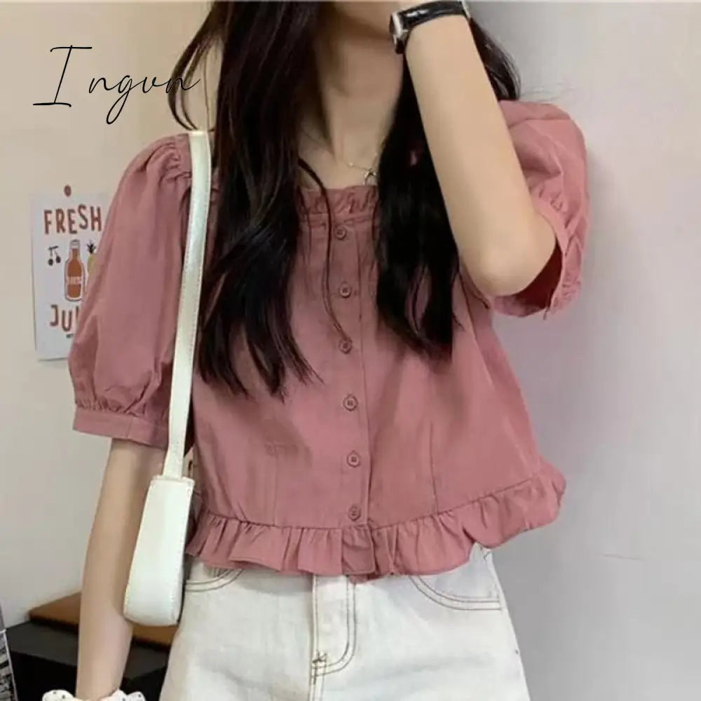 Ingvn - Ruffles Cute Shirt Women Button Up Shirt Summer Blouse 2023 High Waist Puff Sleeve Crop Top Pretty White Youth Clothing Elegant