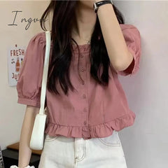 Ingvn - Ruffles Cute Shirt Women Button Up Shirt Summer Blouse 2023 High Waist Puff Sleeve Crop Top Pretty White Youth Clothing Elegant