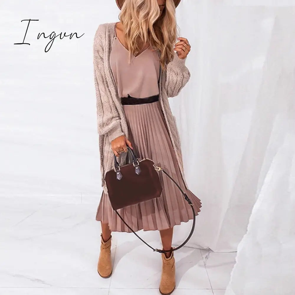 Ingvn - Sexy Women Summer Sexy Dress Spaghetti Strap Dress V-Neck Pink Female Pleated Midi Dress Casual Office Ladies Party Dresses