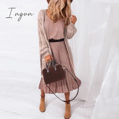 Ingvn - Sexy Women Summer Sexy Dress Spaghetti Strap Dress V-Neck Pink Female Pleated Midi Dress Casual Office Ladies Party Dresses