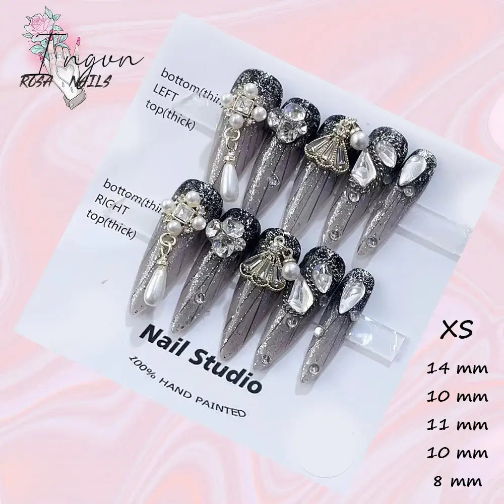Punk Dragon Charms Press on Nail Artificial Long False Nails XS Black Dragons Goth Presson Tips Butterfly Fake Nail y2k Pressons