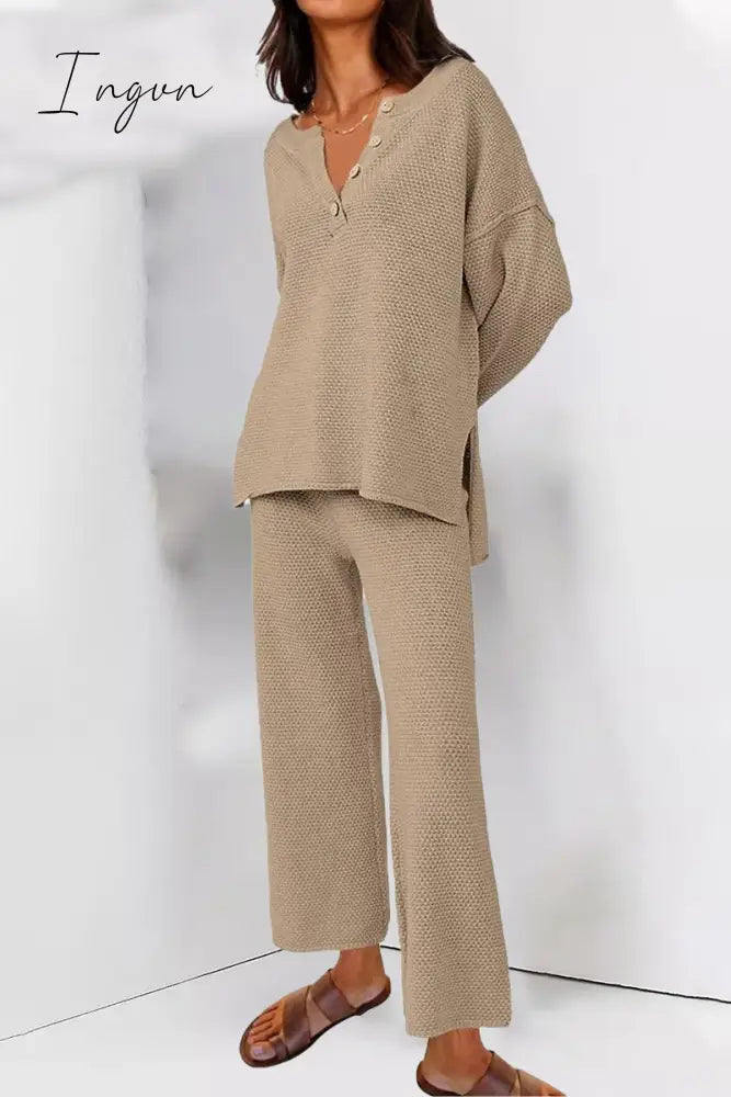 Ingvn - Simplicity Solid Buttons O Neck Long Sleeve Two Pieces