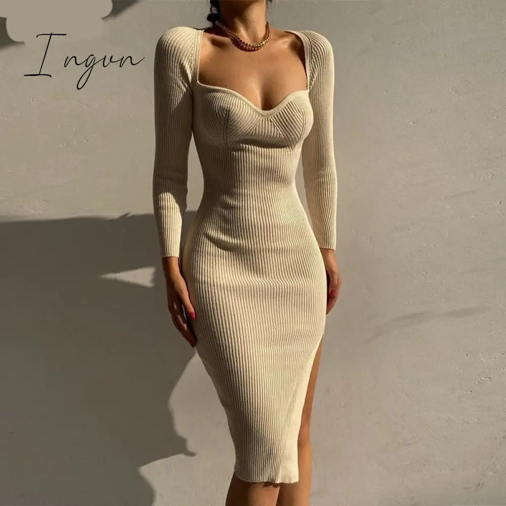 Ingvn - Bodycon Knitted Women Sweater Dress Long Sleeve Sexy Off Shoulder Split Elegant Party Dresses Fashion Autumn Winter