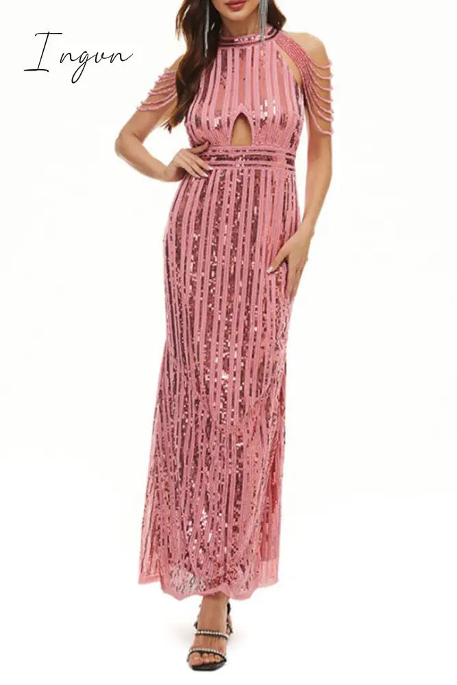 Ingvn - Celebrities Elegant Solid Sequins Patchwork O Neck Evening Dress Dresses